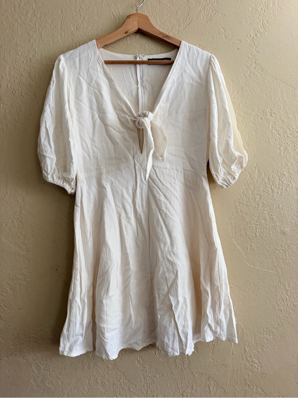 Tie-Front Mini Dress in Cream Linen Blend